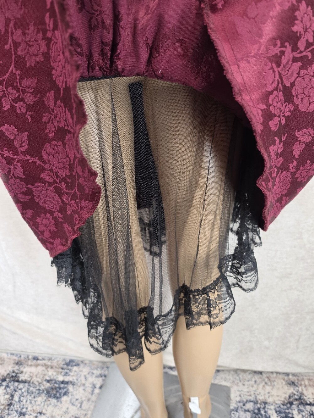 Vintage Off-the-Shoulder Burgundy Satin Jacquard Black Lace Trim Costume Dress - Picture 5 of 8